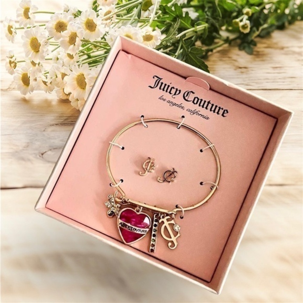 JUICY COUTURE bracelet and earrings set gold tone pink heart